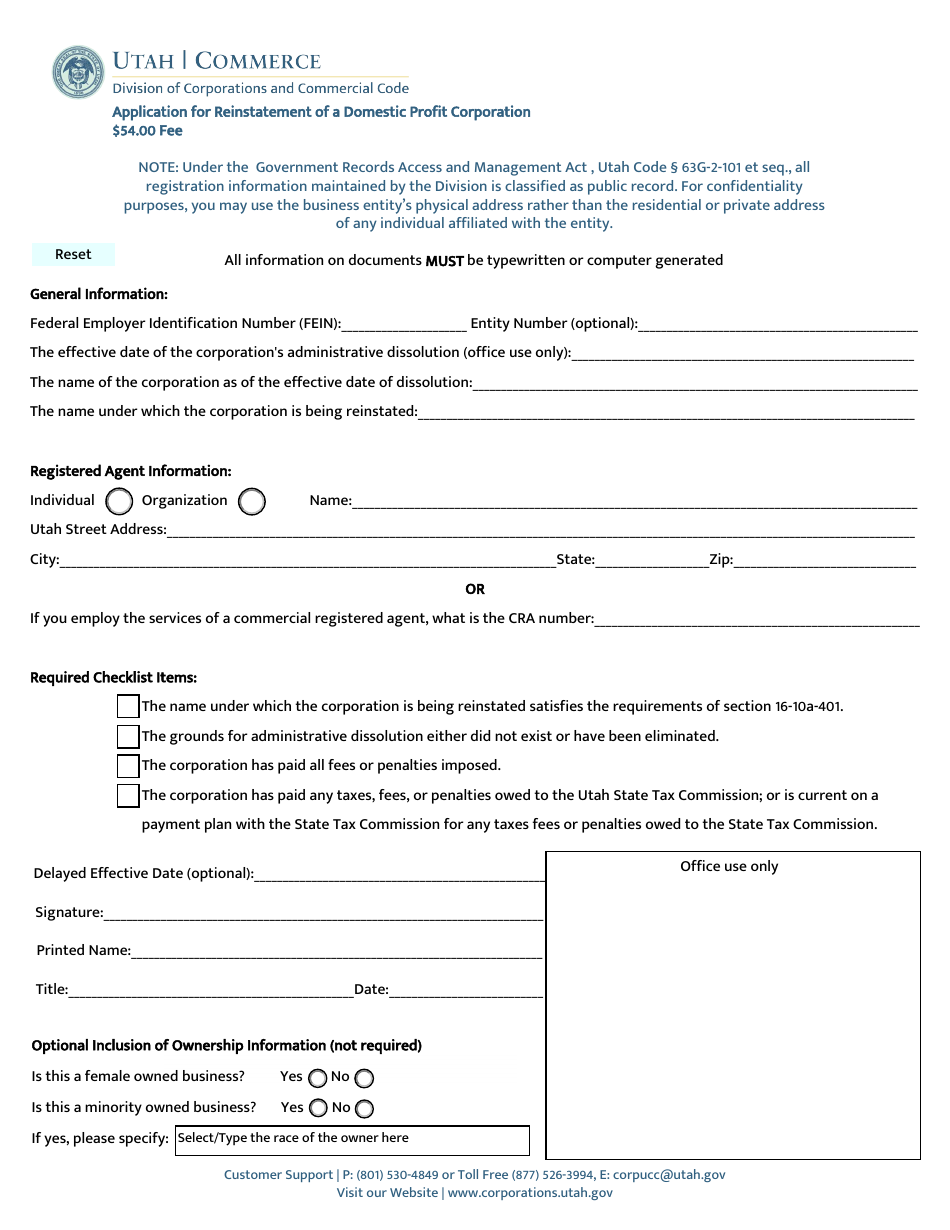 Application for Reinstatement of a Domestic Profit Corporation - Utah, Page 1