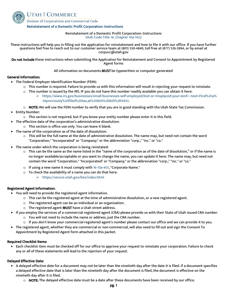 Application for Reinstatement of a Domestic Profit Corporation - Utah, Page 3