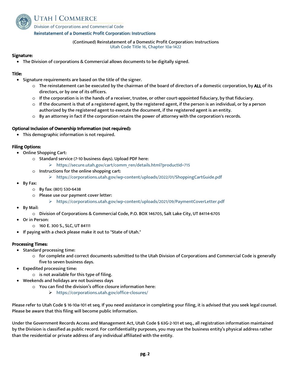 Application for Reinstatement of a Domestic Profit Corporation - Utah, Page 4