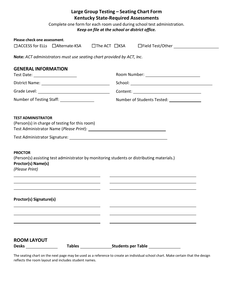 Kentucky Large Group Testing - Seating Chart Form Download Printable ...