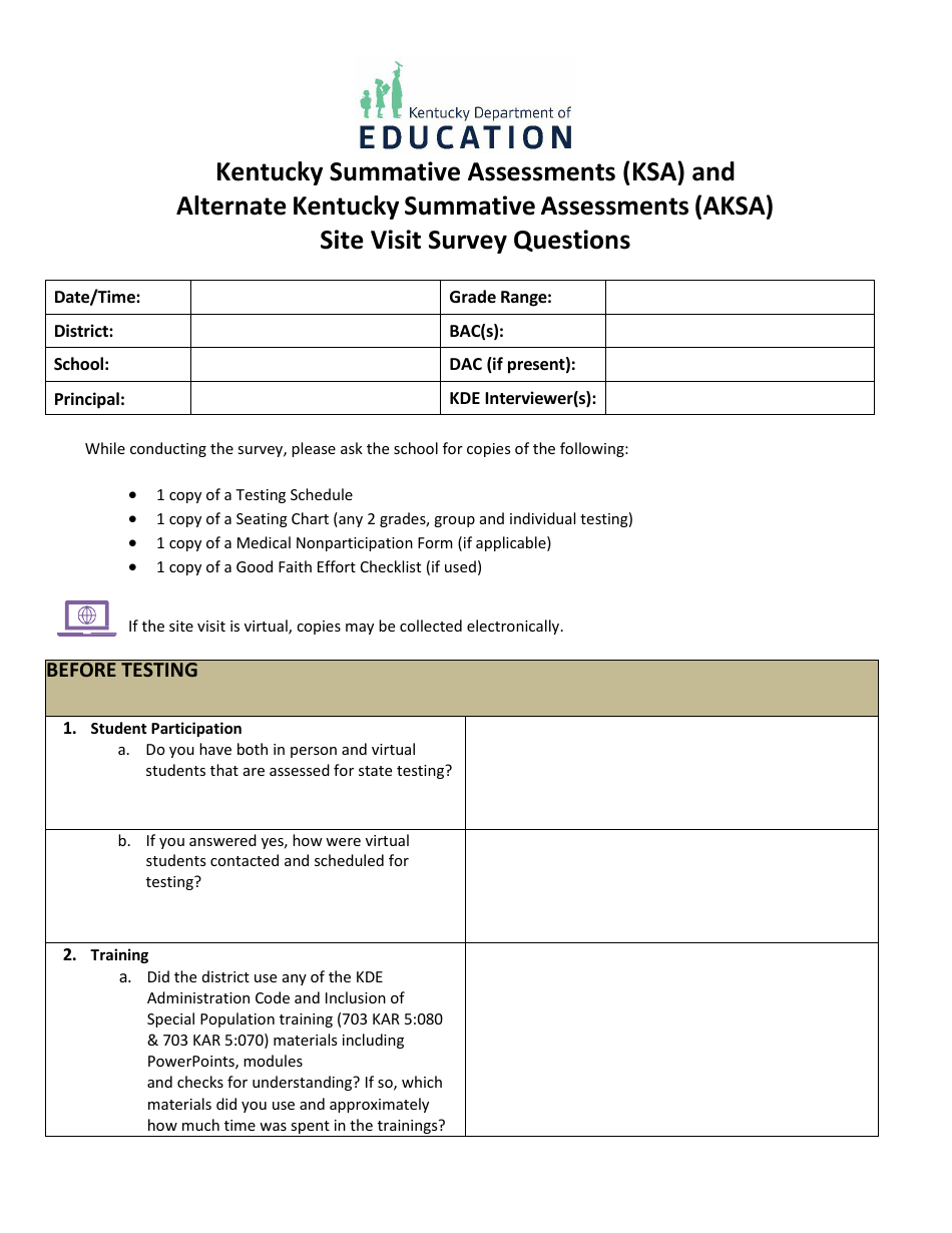 Kentucky Summative Assessments (Ksa) and Alternate Kentucky Summative Assessments(Aksa) Site Visit Survey Questions - Kentucky, Page 1