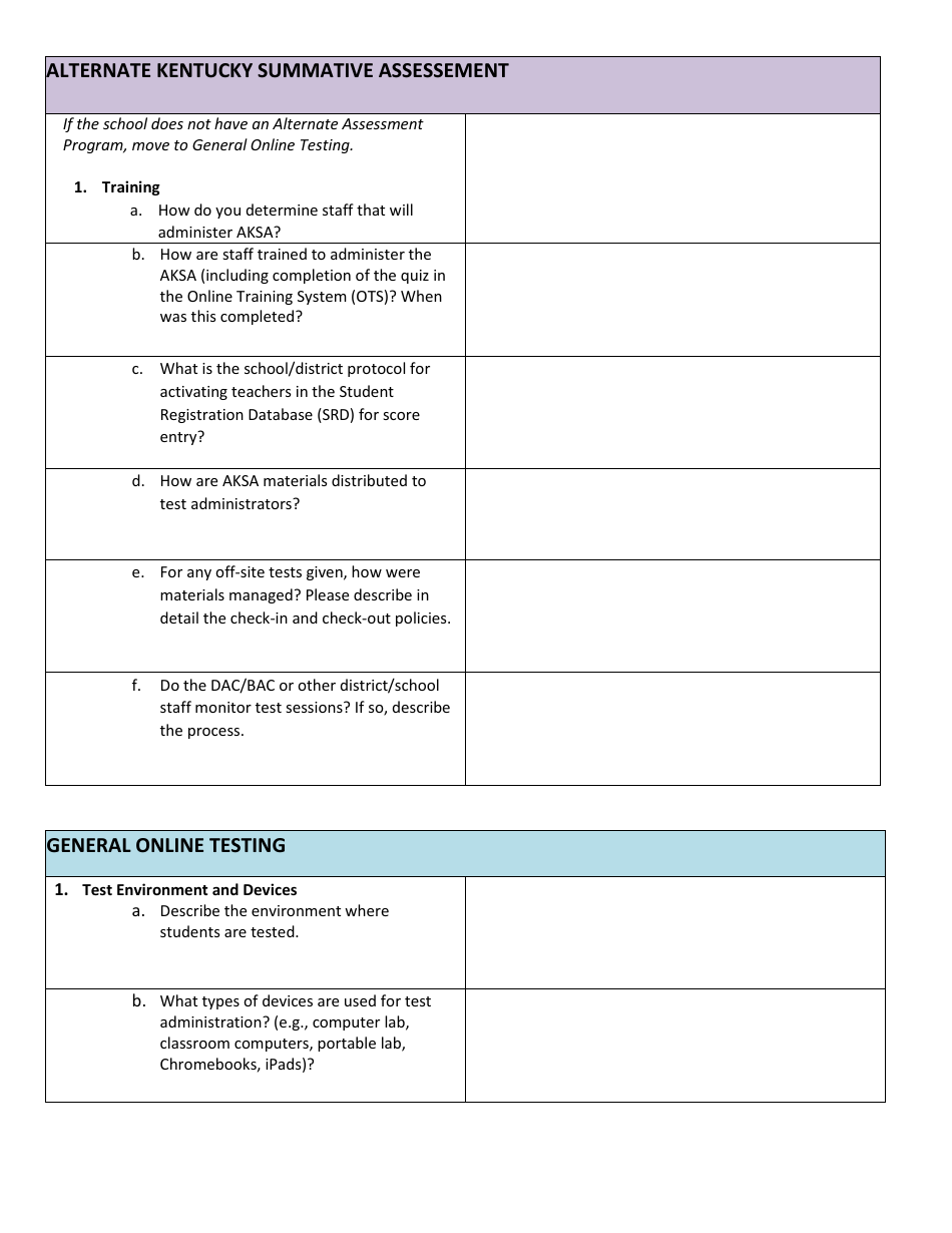 Kentucky Summative Assessments (Ksa) and Alternate Kentucky Summative Assessments(Aksa) Site Visit Survey Questions - Kentucky, Page 5