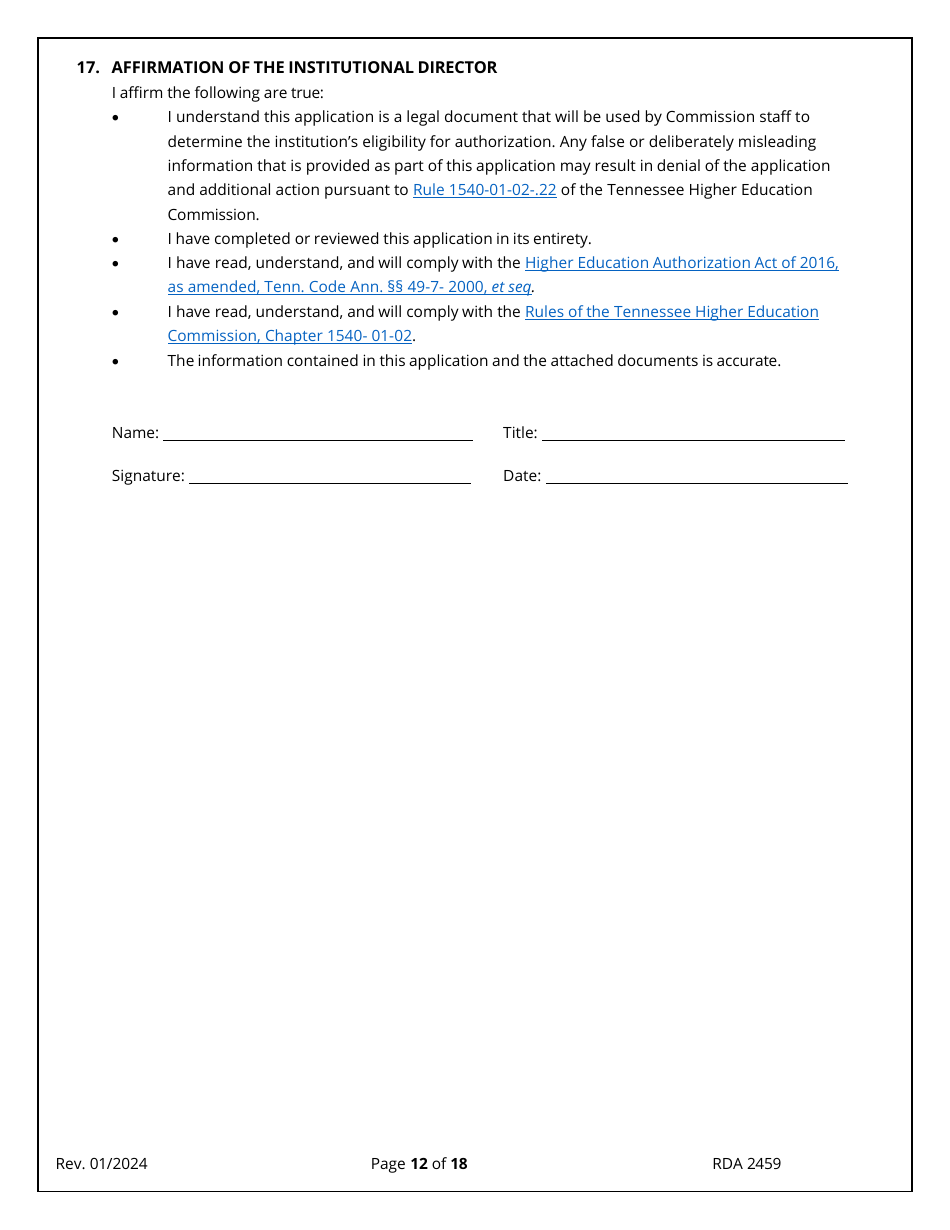Application for Initial Authorization of a Postsecondary Educational Institution - Tennessee, Page 12