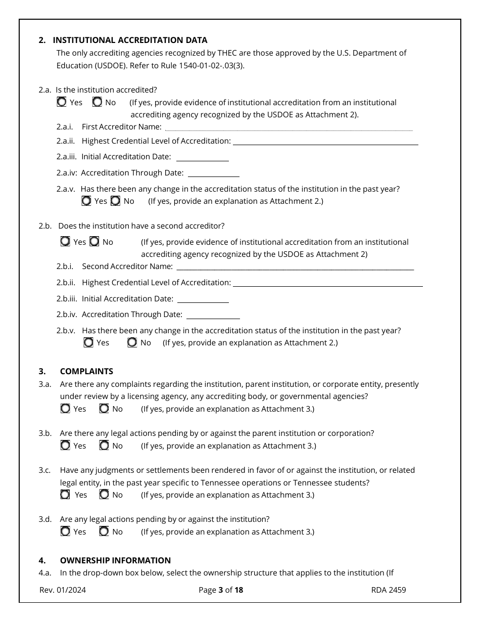 Application for Initial Authorization of a Postsecondary Educational Institution - Tennessee, Page 3