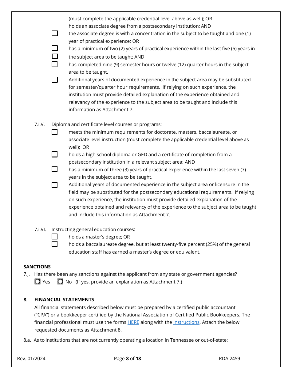 Application for Initial Authorization of a Postsecondary Educational Institution - Tennessee, Page 8