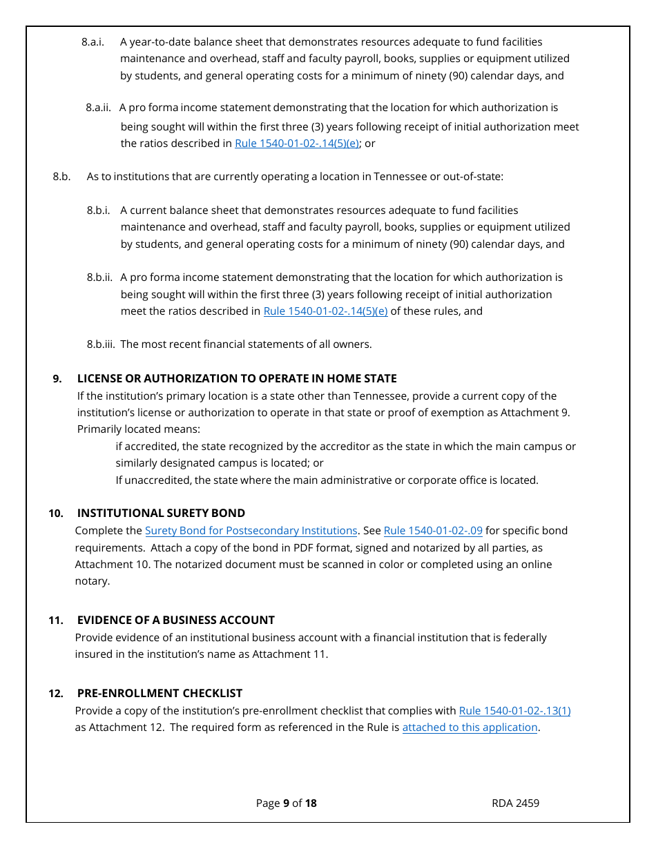 Application for Initial Authorization of a Postsecondary Educational Institution - Tennessee, Page 9