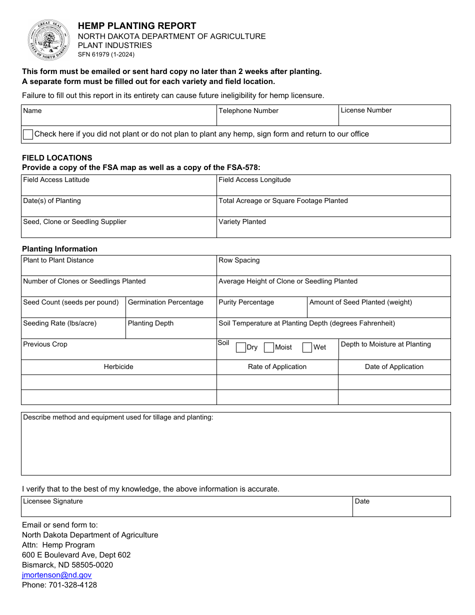 Form SFN61979 Hemp Planting Report - North Dakota, Page 1
