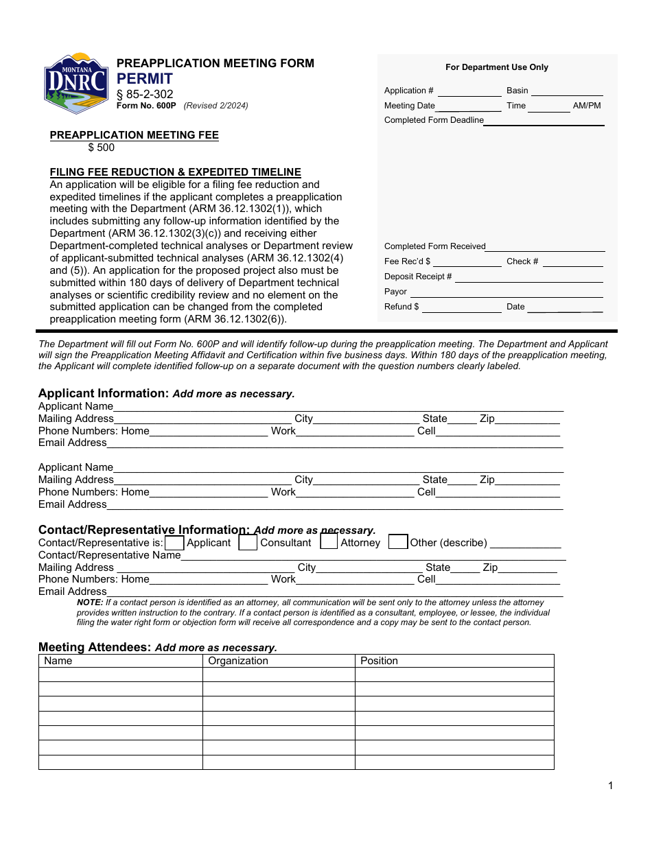 Form 600P Preapplication Meeting Form - Montana, Page 1