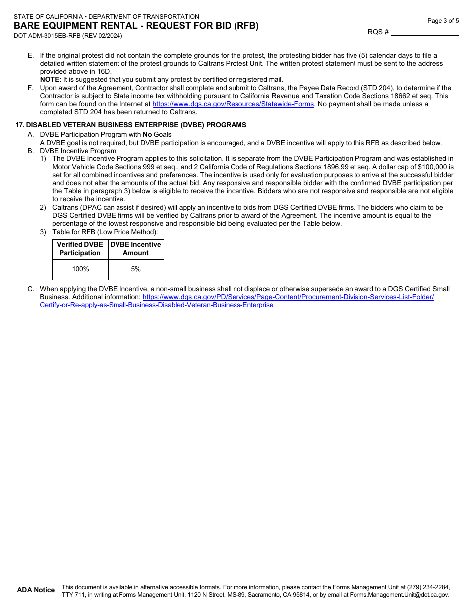 Form DOT ADM-3015EB-RFB Bare Equipment Rental - Request for Bid (Rfb) - California, Page 3
