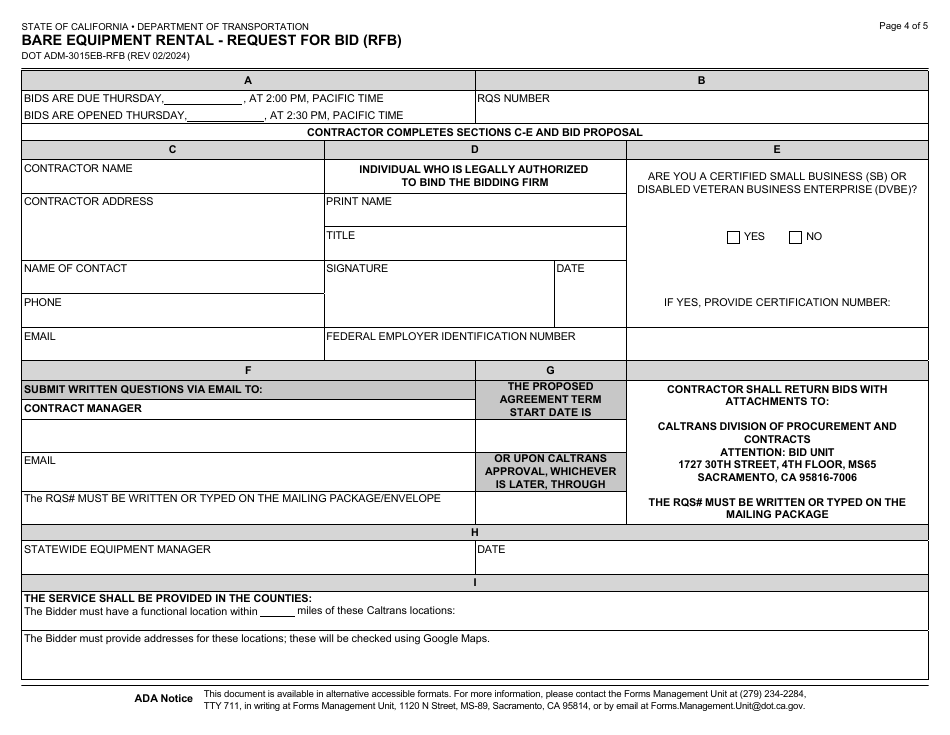 Form DOT ADM-3015EB-RFB Bare Equipment Rental - Request for Bid (Rfb) - California, Page 4