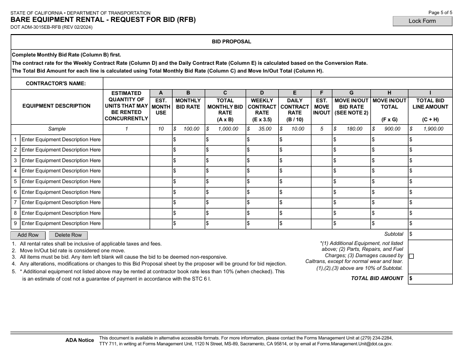 Form DOT ADM-3015EB-RFB Bare Equipment Rental - Request for Bid (Rfb) - California, Page 5