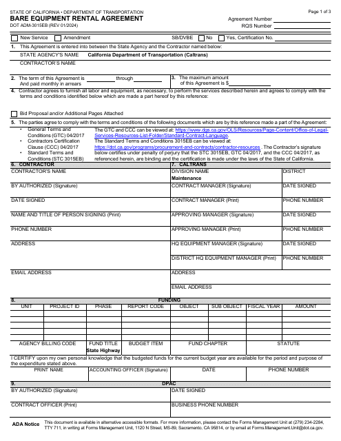 Form DOT ADM-3015EB Bare Equipment Rental Agreement - California
