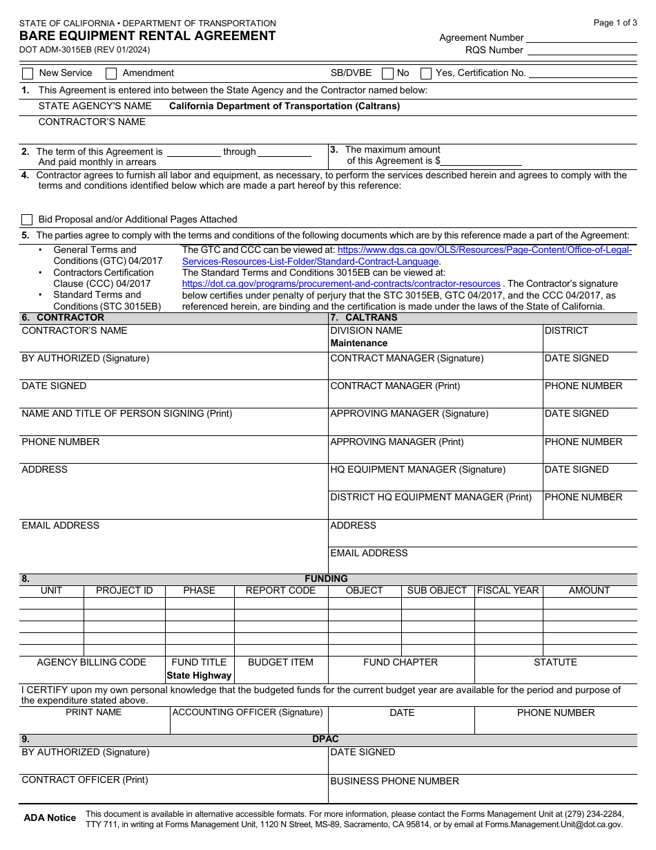 Form DOT ADM-3015EB Bare Equipment Rental Agreement - California, Page 1
