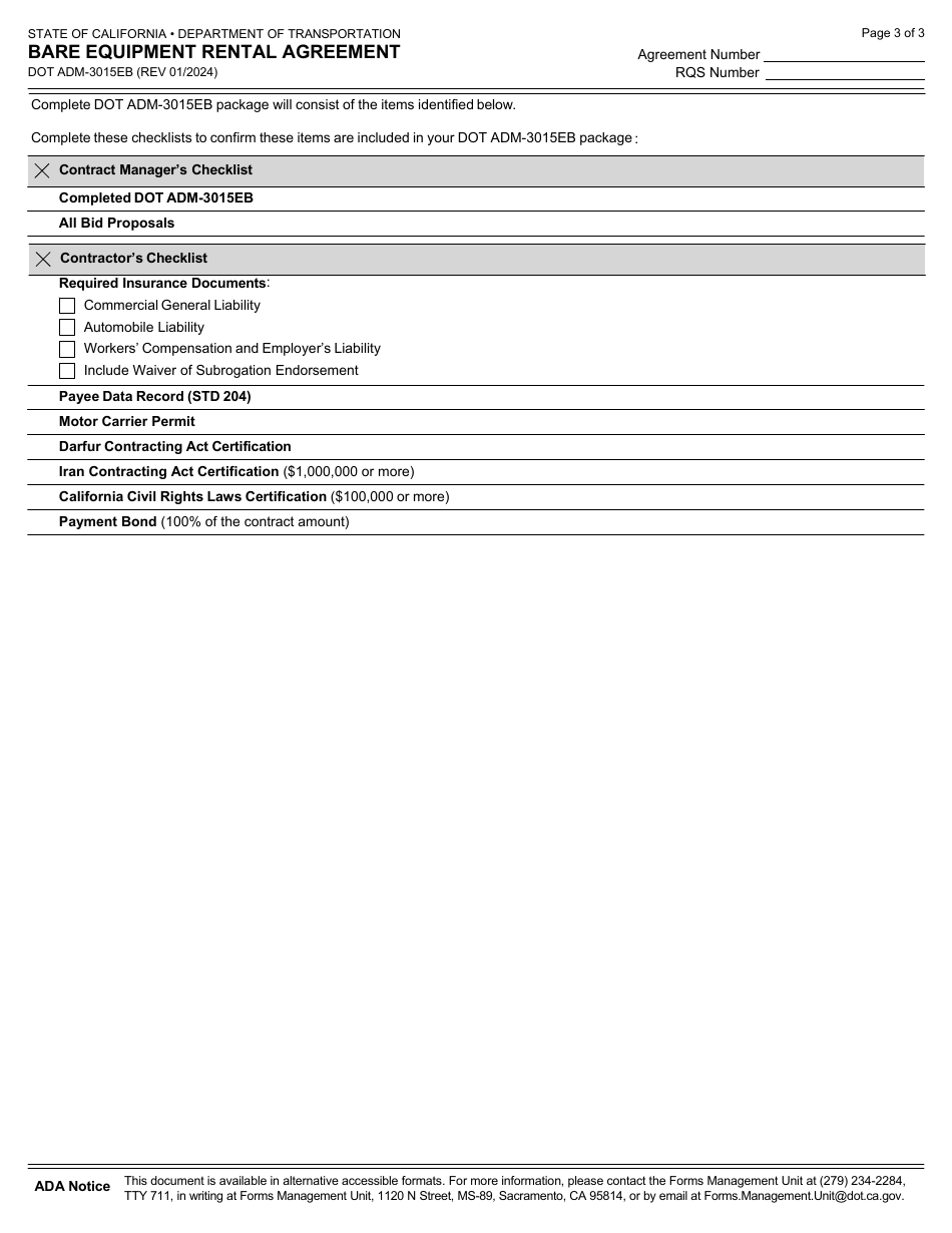 Form DOT ADM-3015EB Bare Equipment Rental Agreement - California, Page 3