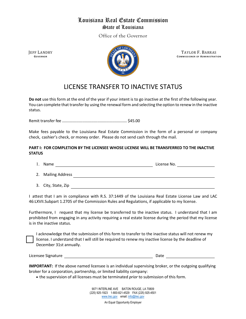 License Transfer to Inactive Status - Louisiana, Page 1