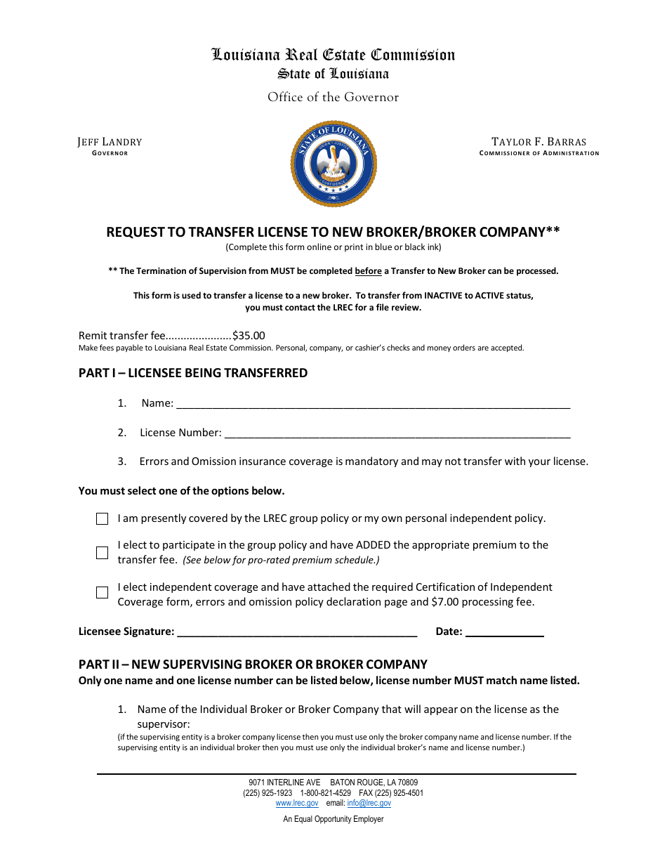 Request to Transfer License to New Broker / Broker Company - Louisiana, Page 1