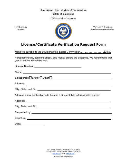 License / Certificate Verification Request Form - Louisiana Download Pdf