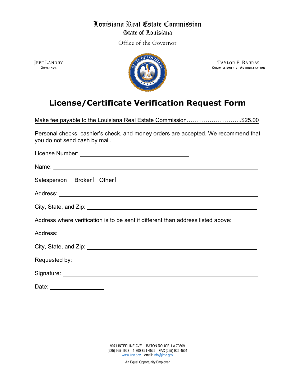 License / Certificate Verification Request Form - Louisiana, Page 1