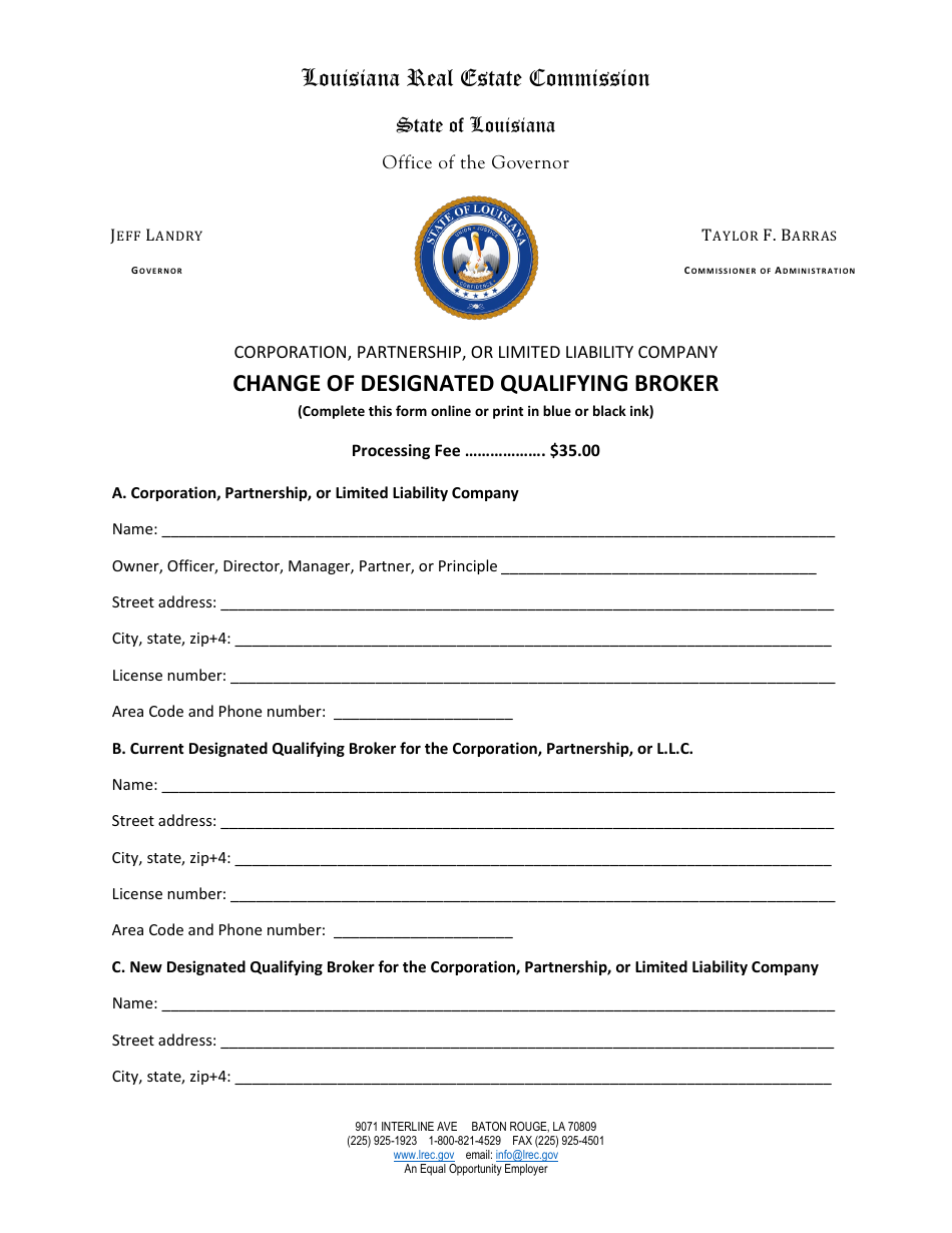 Change of Designated Qualifying Broker - Corporation, Partnership, or Limited Liability Company - Louisiana, Page 1