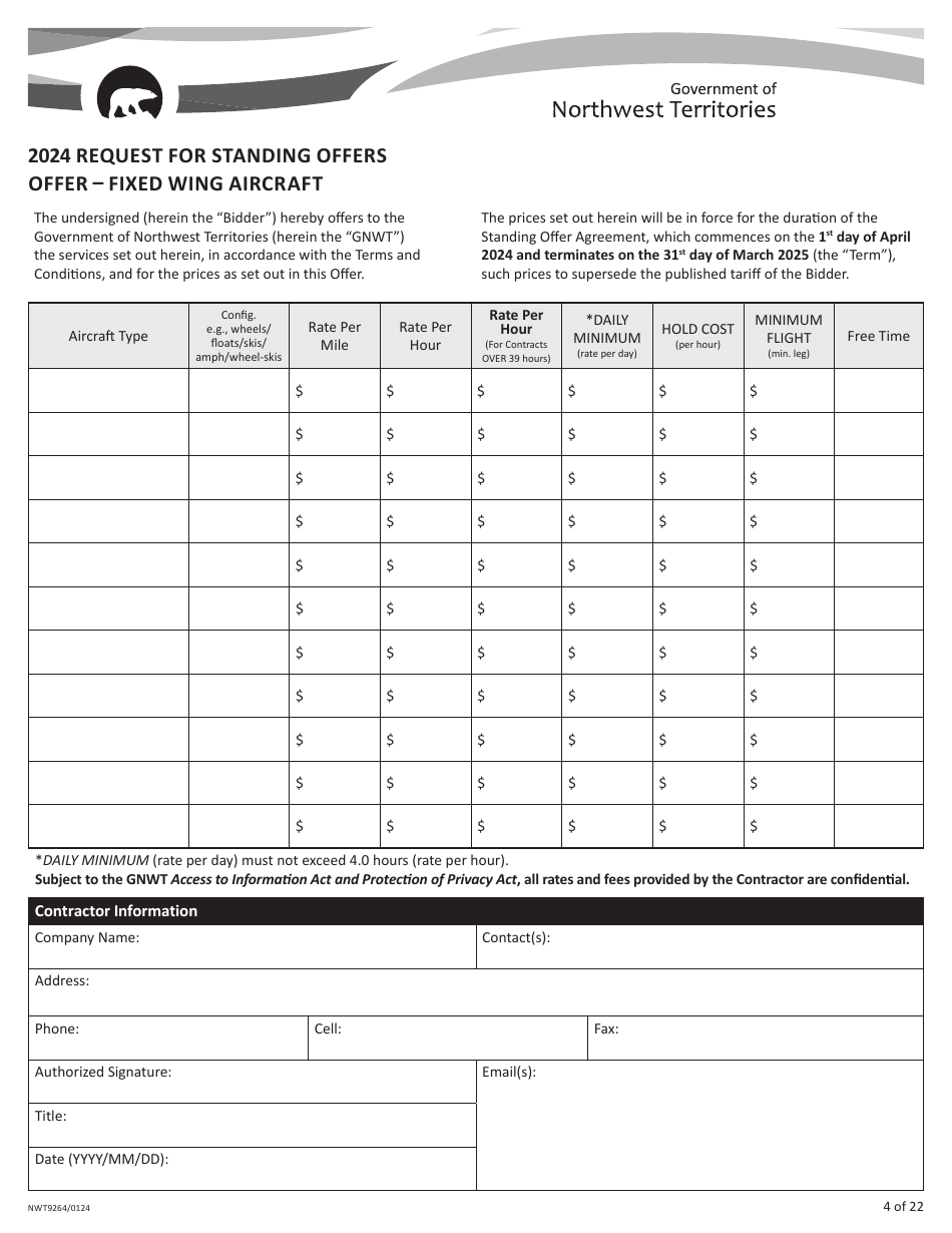 Form NWT9264 Request for Standing Offers Offer - Fixed Wing Aircraft - Northwest Territories, Canada, Page 1
