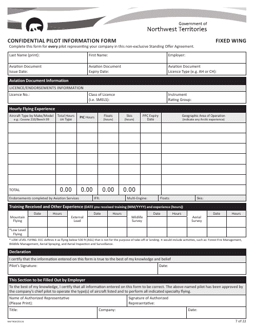 Form NWT9267 Confidential Pilot Information Form - Fixed Wing - Northwest Territories, Canada