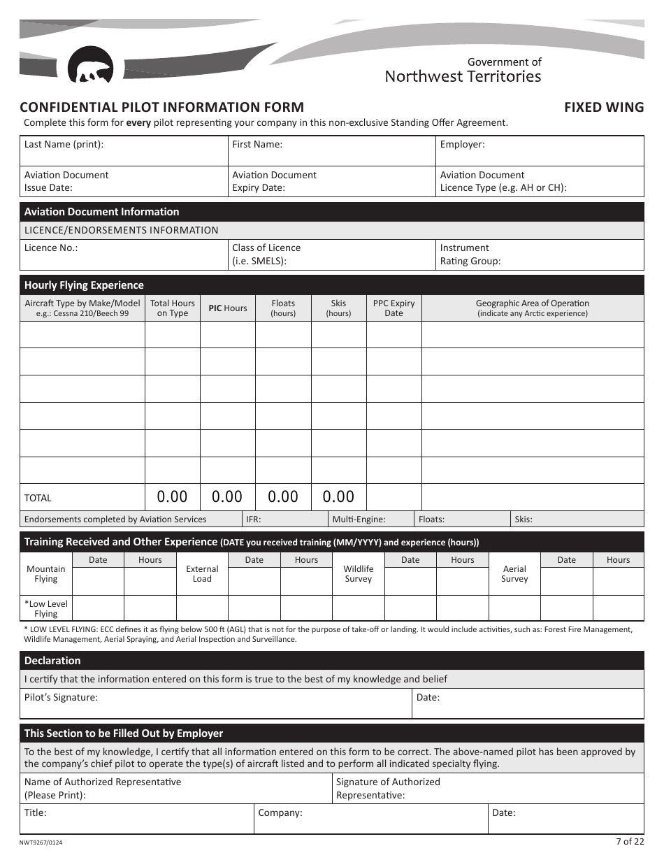 Form NWT9267 Confidential Pilot Information Form - Fixed Wing - Northwest Territories, Canada, Page 1