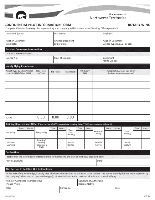 Form NWT9266 Confidential Pilot Information Form - Rotary Wing - Northwest Territories, Canada