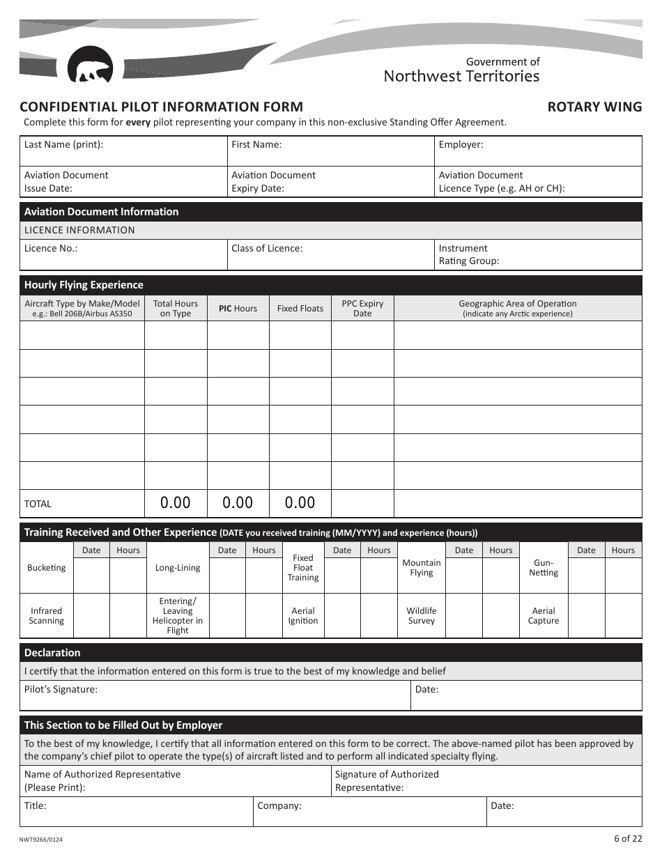 Form NWT9266 Confidential Pilot Information Form - Rotary Wing - Northwest Territories, Canada, Page 1