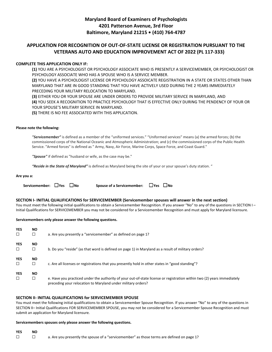 Application for Recognition of Out-of-State License or Registration Pursuant to the Veterans Auto and Education Improvement Act of 2022 (Pl 117-333) - Maryland, Page 2