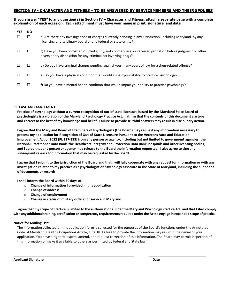 Application for Recognition of Out-of-State License or Registration Pursuant to the Veterans Auto and Education Improvement Act of 2022 (Pl 117-333) - Maryland, Page 4