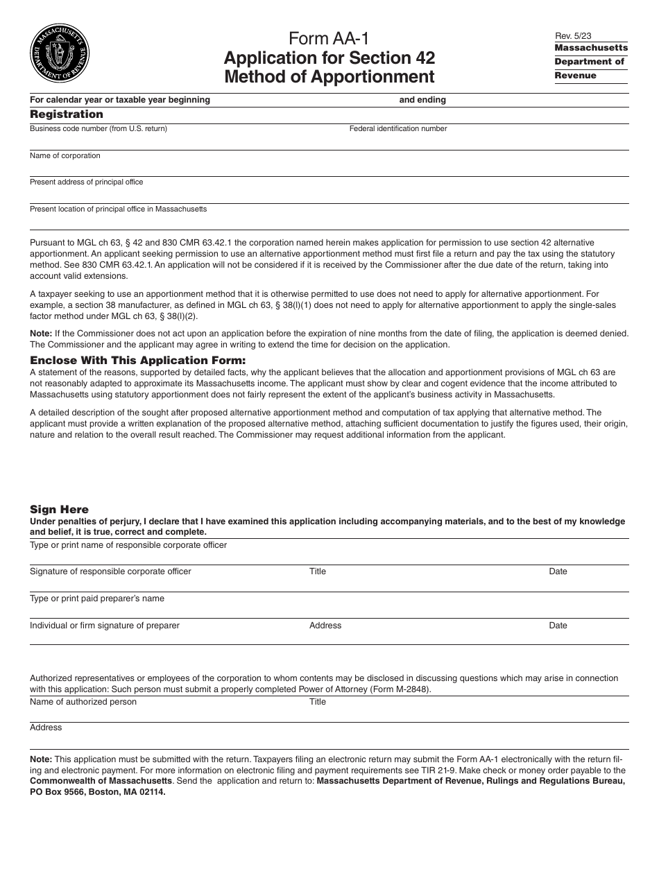 Form AA-1 Download Printable PDF or Fill Online Application for Section ...