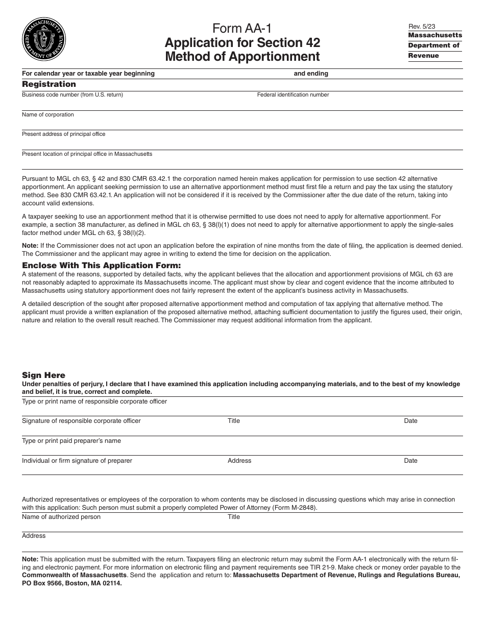 Form AA-1 Application for Section 42 Method of Apportionment - Massachusetts, Page 1