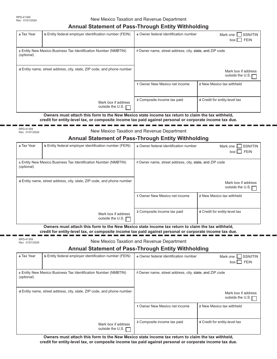 Form RPD-41359 Annual Statement of Pass-Through Entity Withholding - New Mexico, Page 1