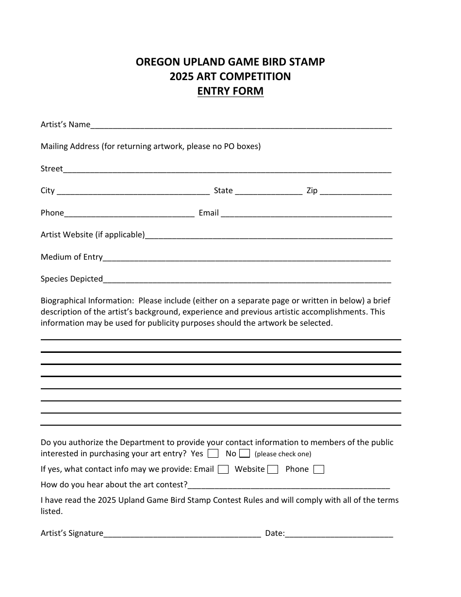 Oregon Upland Game Bird Stamp Art Competition Entry Form - Oregon, Page 3