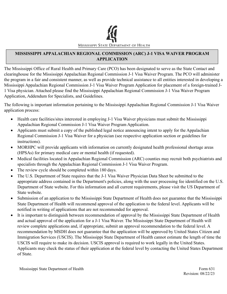 Form 631 Mississippi Appalachian Regional Commission (ARC) J-1 Visa Waiver Program Application - Mississippi, Page 1