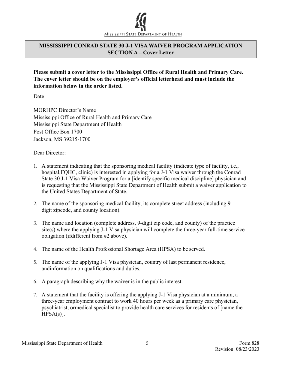Form 828 Mississippi Conrad State 30 J-1 Visa Waiver Program Application - Mississippi, Page 5