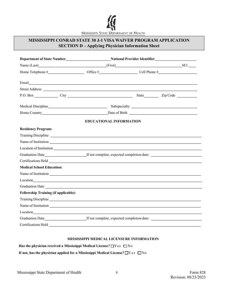 Form 828 Mississippi Conrad State 30 J-1 Visa Waiver Program Application - Mississippi, Page 8