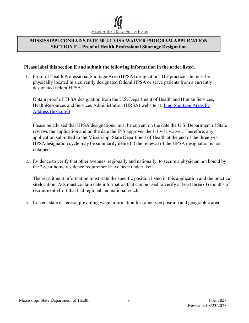 Form 828 Mississippi Conrad State 30 J-1 Visa Waiver Program Application - Mississippi, Page 9