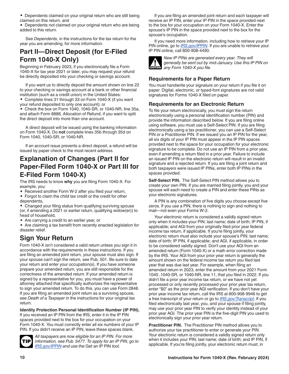 Instructions for IRS Form 1040-X Amended U.S. Individual Income Tax Return, Page 10