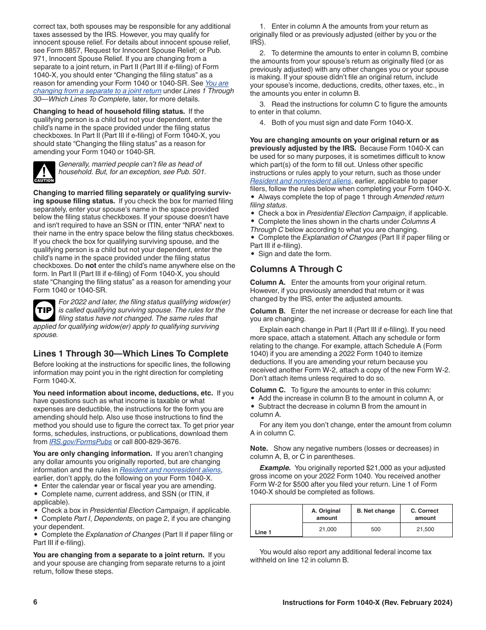 Instructions for IRS Form 1040-X Amended U.S. Individual Income Tax Return, Page 6