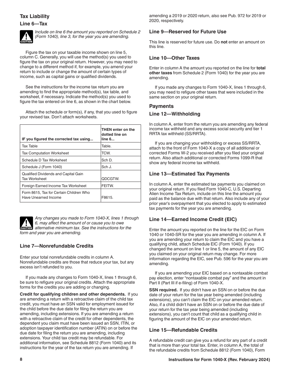 Instructions for IRS Form 1040-X Amended U.S. Individual Income Tax Return, Page 8