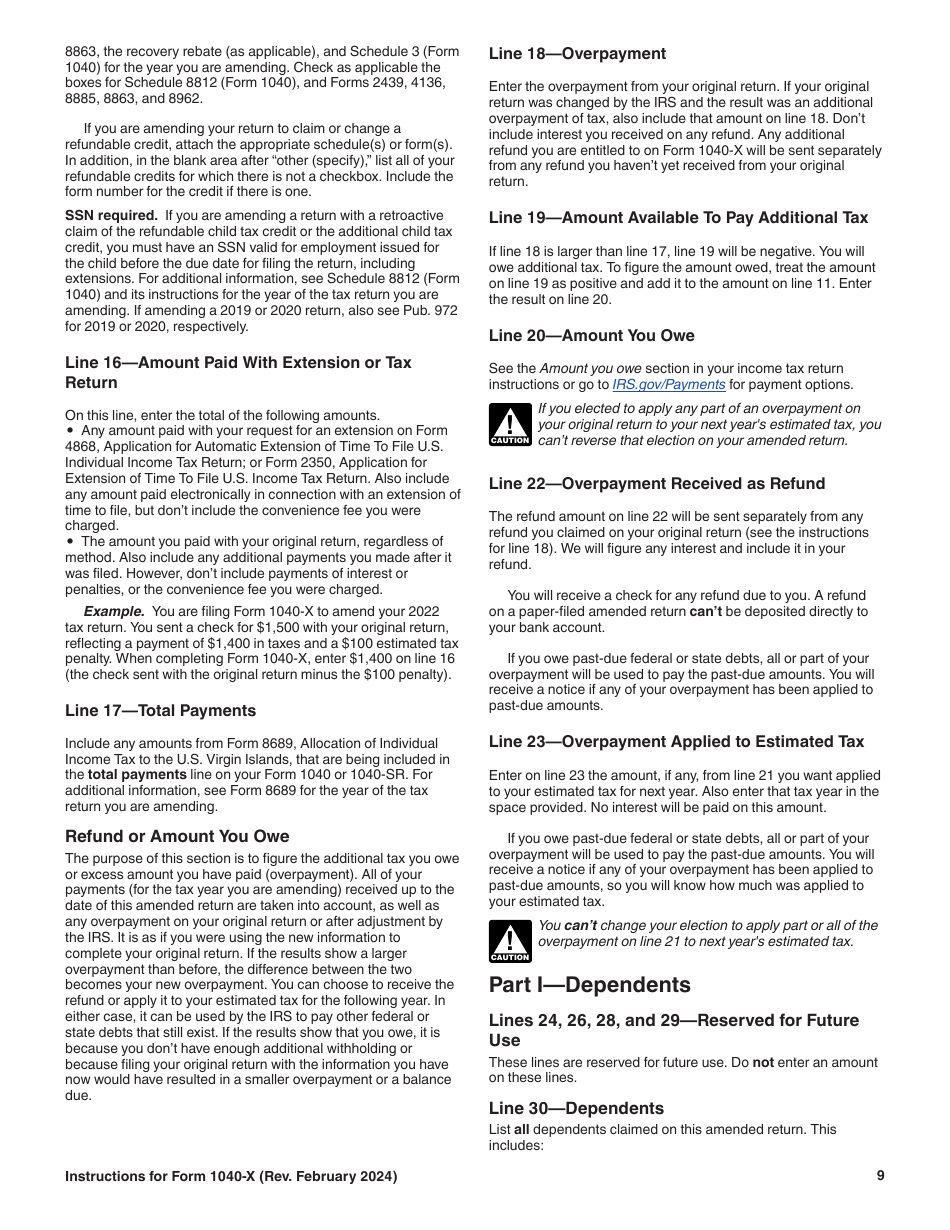 Instructions for IRS Form 1040-X Amended U.S. Individual Income Tax Return, Page 9