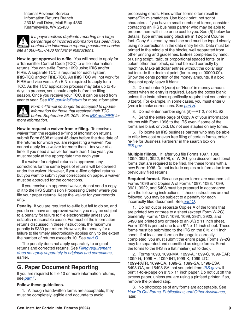 Instructions for IRS Form 1096, 1097, 1098, 1099, 3921, 3922, 5498, W-2G, Page 9
