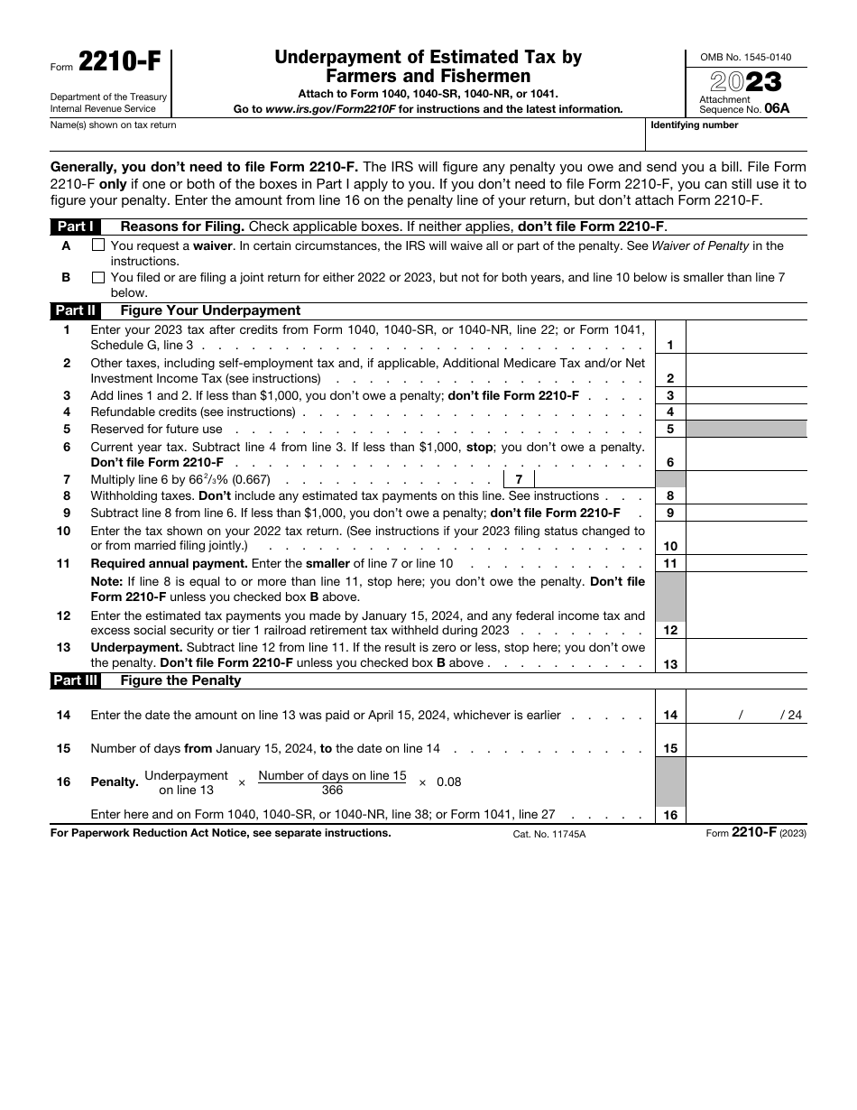 IRS Form 2210F Download Fillable PDF or Fill Online Underpayment of