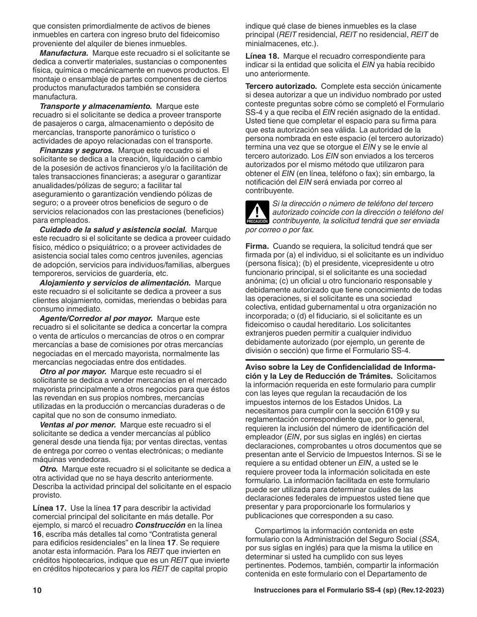 Instrucciones para IRS Formulario SS-4 (SP) Solicitud De Numero De Identificacion Del Empleador (Ein) (Spanish), Page 10
