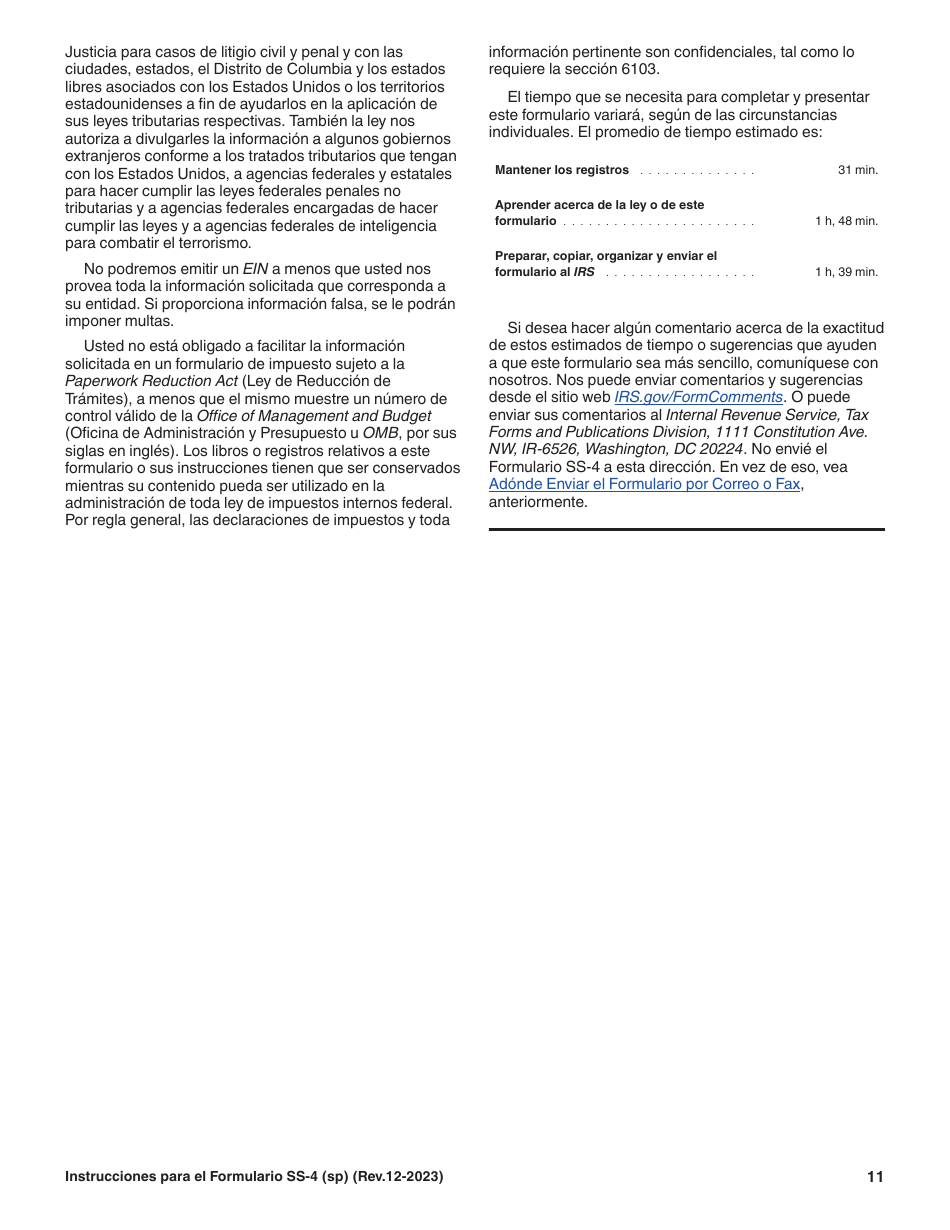 Instrucciones para IRS Formulario SS-4 (SP) Solicitud De Numero De Identificacion Del Empleador (Ein) (Spanish), Page 11