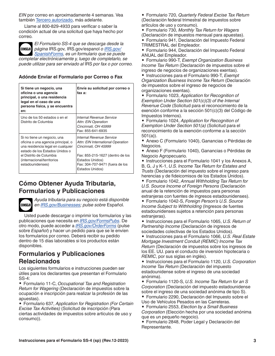 Instrucciones para IRS Formulario SS-4 (SP) Solicitud De Numero De Identificacion Del Empleador (Ein) (Spanish), Page 3