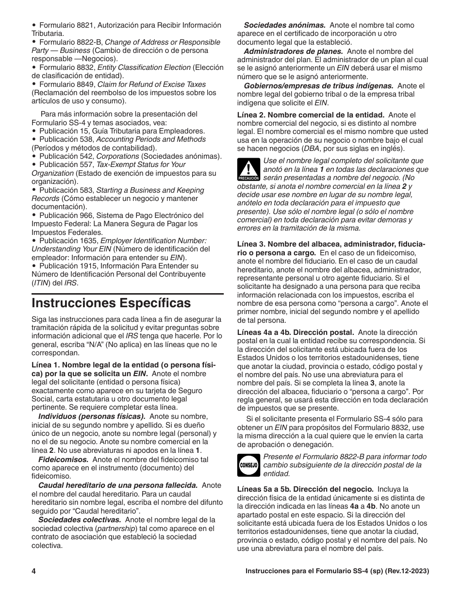 Instrucciones para IRS Formulario SS-4 (SP) Solicitud De Numero De Identificacion Del Empleador (Ein) (Spanish), Page 4
