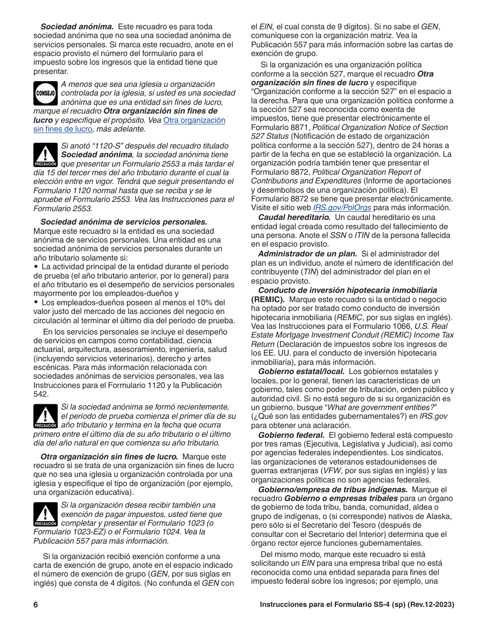 Instrucciones para IRS Formulario SS-4 (SP) Solicitud De Numero De Identificacion Del Empleador (Ein) (Spanish), Page 6