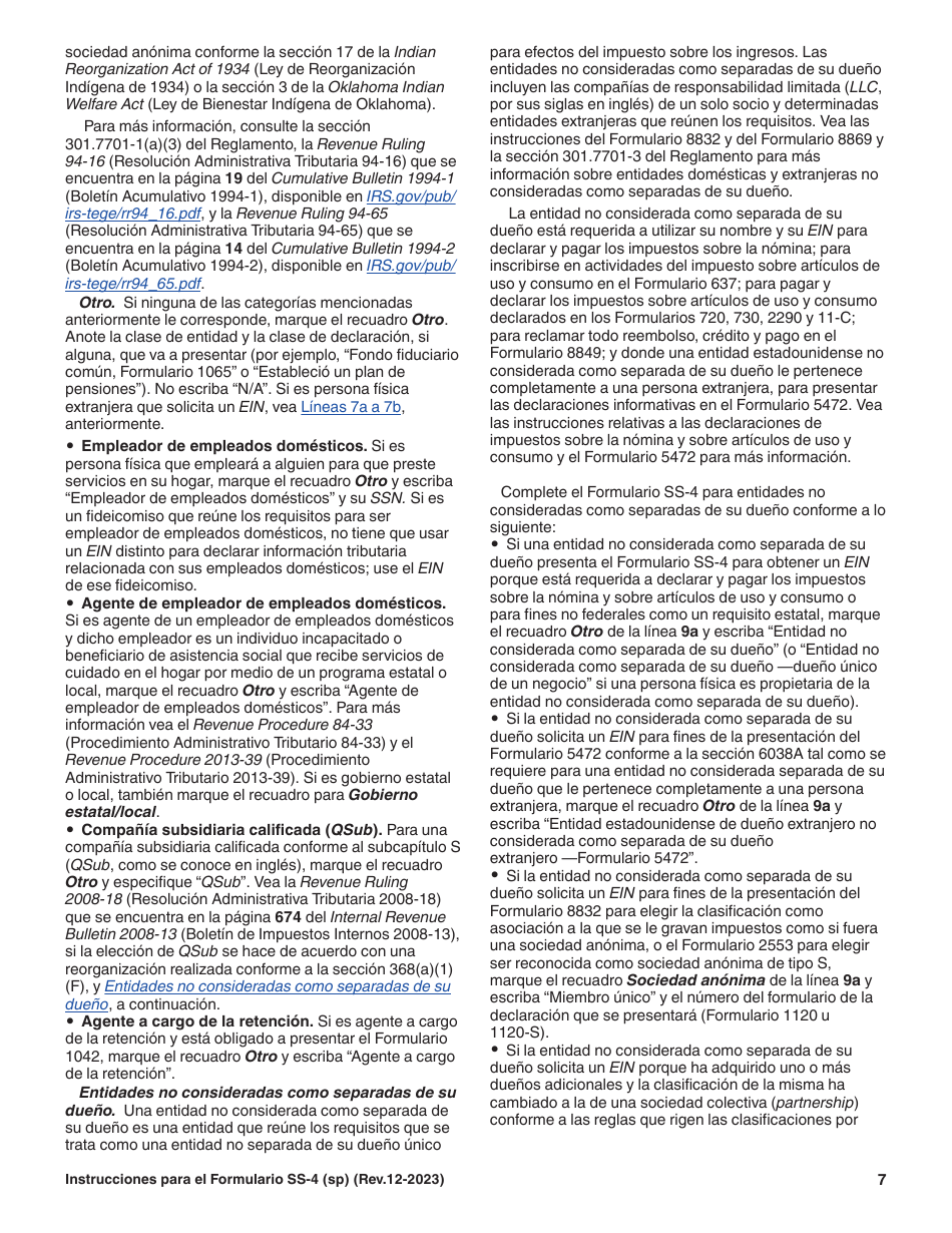 Instrucciones para IRS Formulario SS-4 (SP) Solicitud De Numero De Identificacion Del Empleador (Ein) (Spanish), Page 7